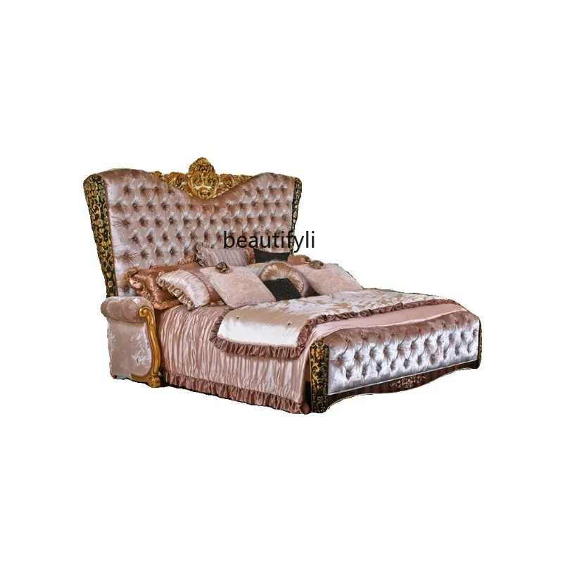 

European Style Solid Wood Fabric Bed Vintage Craft French Carved Marriage Bed Double Princess Bed