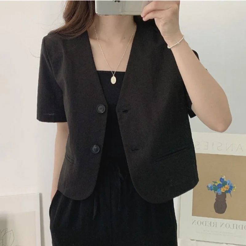 Korean Fashion V-neck Cotton and Linen Casual Short Sleeve Two Button Suit Jacket Women's Summer New Full Set Cardigan Top