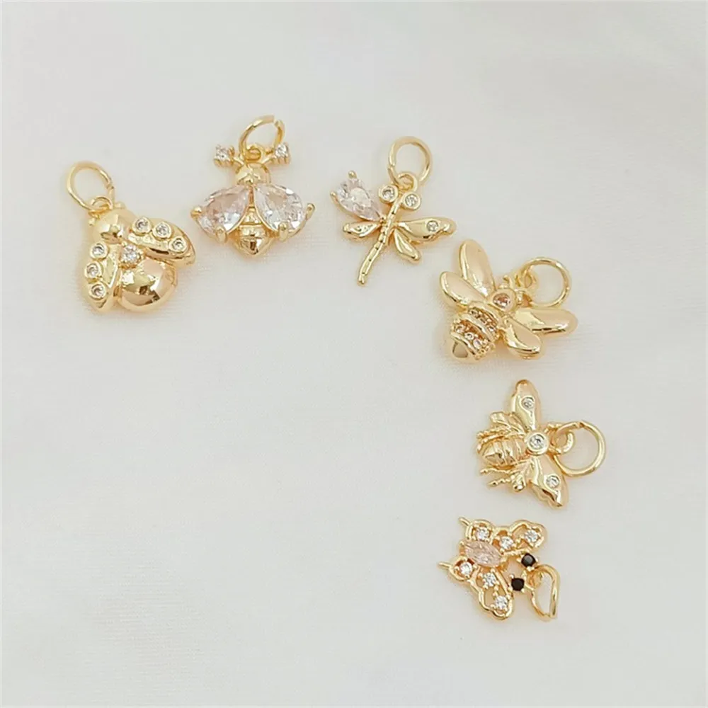14K Gold-plated Micro-inlaid Zircon Bee, Dragonfly, Butterfly Pendant, Diy Handmade Jewelry, Insect Series Accessories