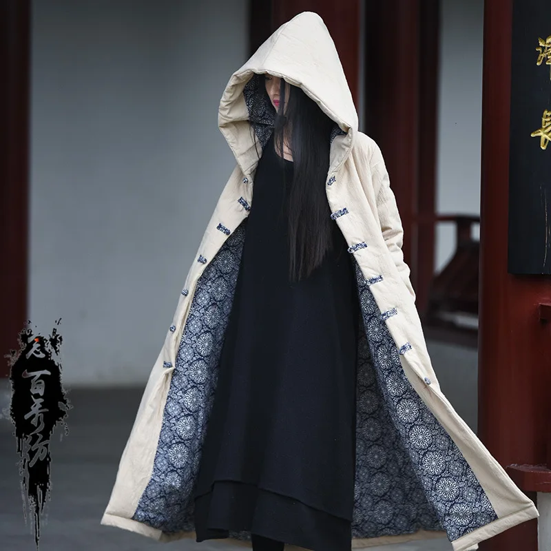 High Quality Women's Vintage Hooded Parka Coat Cotton Linen Winter Warm Trench Coat Cotton Jacket Single-breasted Original Parka