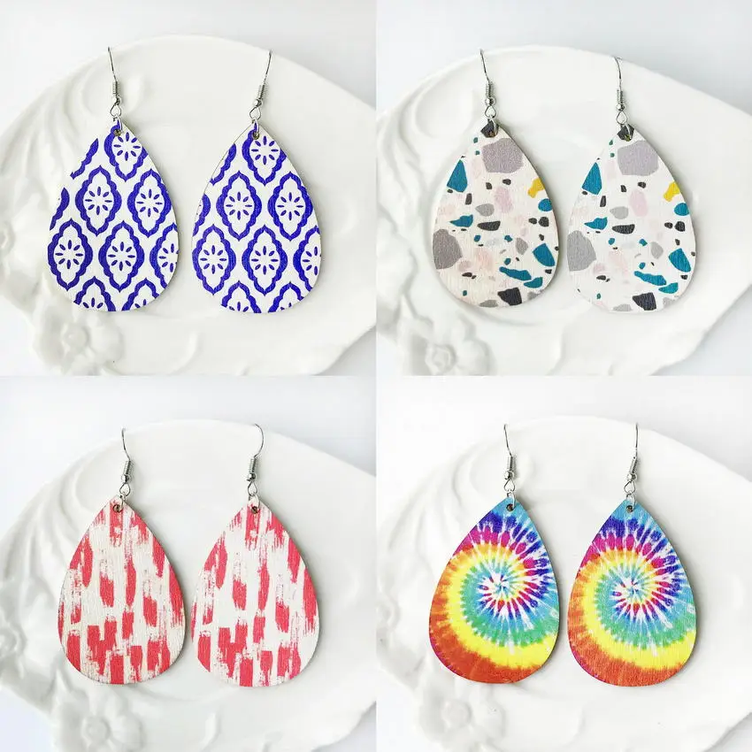 Tie Dye Rainbow Pattern Wood Teardrop Earrings for Women 2022 New Morocco Print Wood Earrings Boutique Jewelry Wholesale