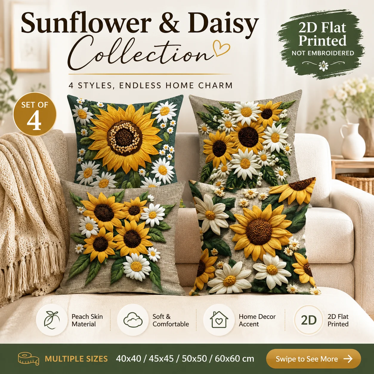 

Sunflower Daisy Floral Pillowcase 2D Flat Printed Peach Skin Pillow Cover for Living Room Sofa Couch Farmhouse Home Decor Accent