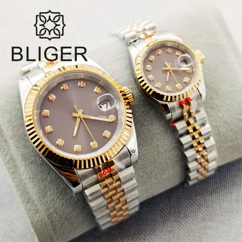 BLIGER 남녀공용 기계식 손목시계, 연인 시계, 투톤 로즈 골드 그레이 다이얼, 사파이어 글라스 주빌리 스트랩, 26mm, 40mm
