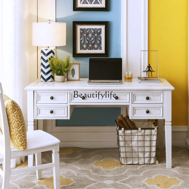 

American desk solid wood Nordic white old simple study combination drawer ash wood desk