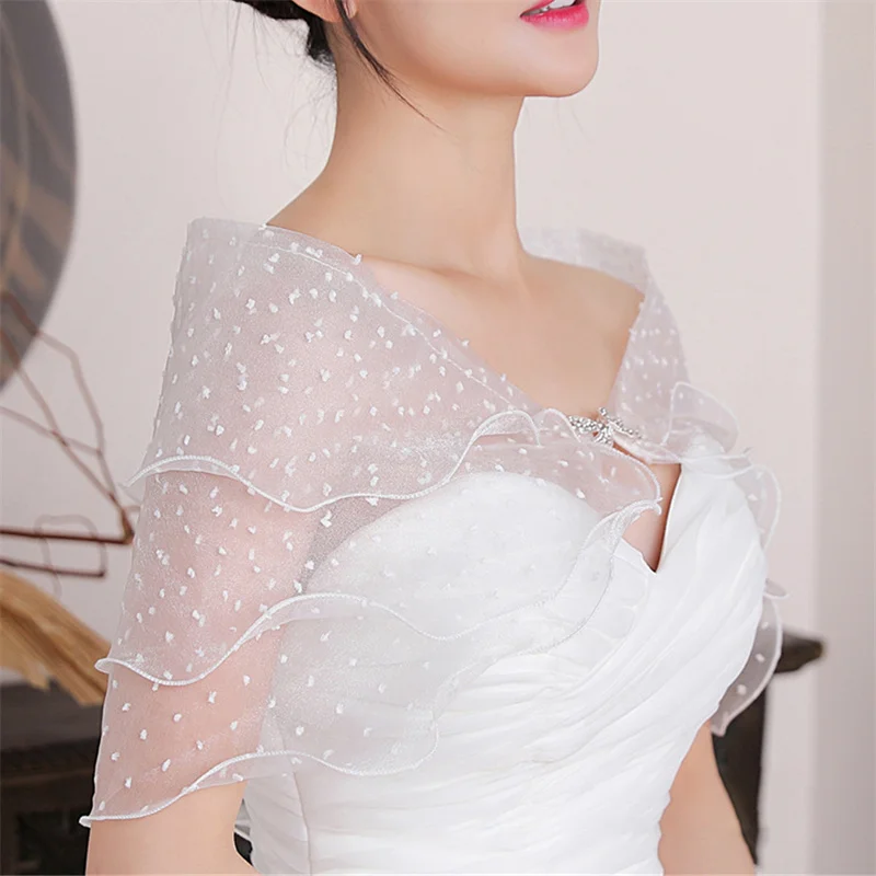 Sweet Layered Ruffles Bolero Tiers Wedding Shawl Shrug Wrap Rhinestone Bowknot Off Shoulder Prom Capelet Cloak Dropship