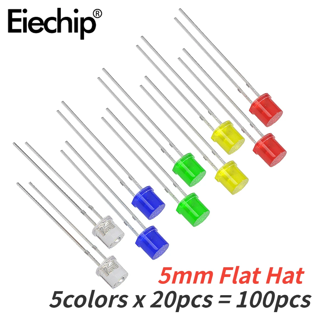 100PCS 5MM LED lighting LEDs Kit  5 Color Red Yellow Blue Green White LED Diode Assortment Package F5 Flat Led Lights Diodes Set