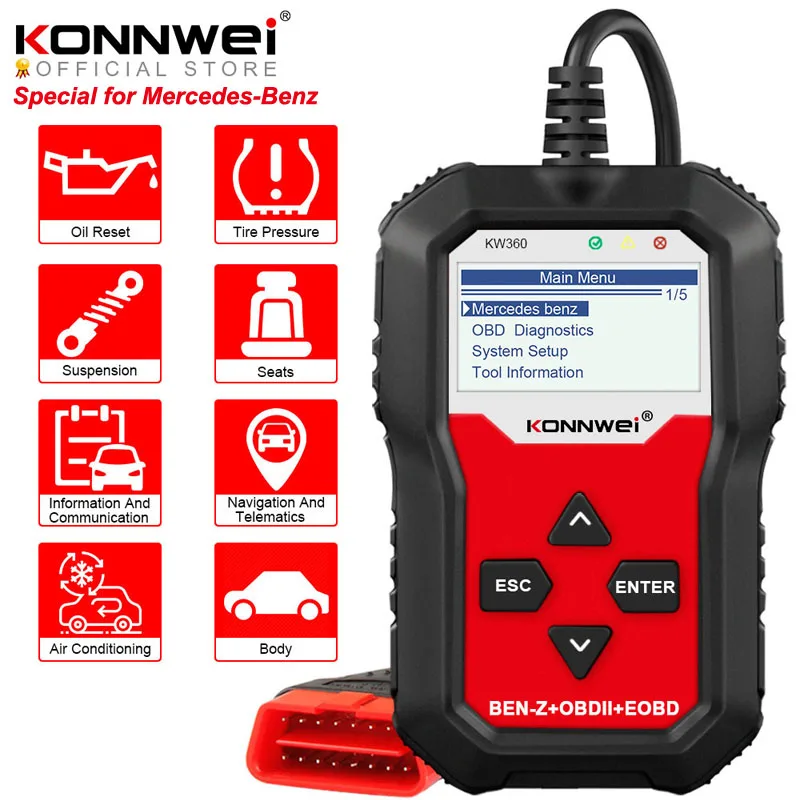 

KONNWEI KW360 Obd2 Car Scanner Obd 2 Auto Diagnostic for Mercedes-Benz Full Systems Diagnostic Tool W212 ABS Airbag Oil Reset