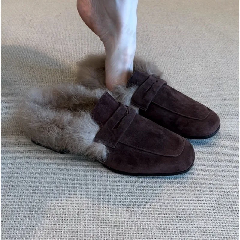 المرأة الفراء الشقق النعال 2026 شتاء موضة جديدة المضادة للانزلاق الدافئة أفخم المتسكعون جلد الغزال ساحة تو في الهواء الطلق حذاء كاجوال