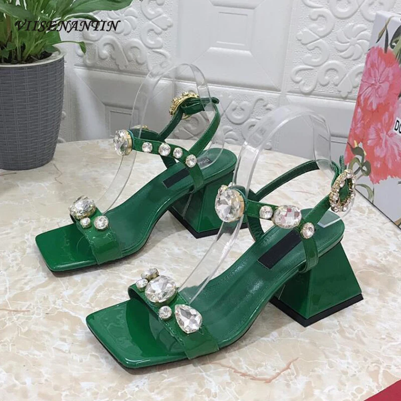 

Summer Women Sandal Shoes Big Size 43 Gemstone Luxury Designer Open Toe Sandalias High Quality Patent Leather Runway Dress Shoe