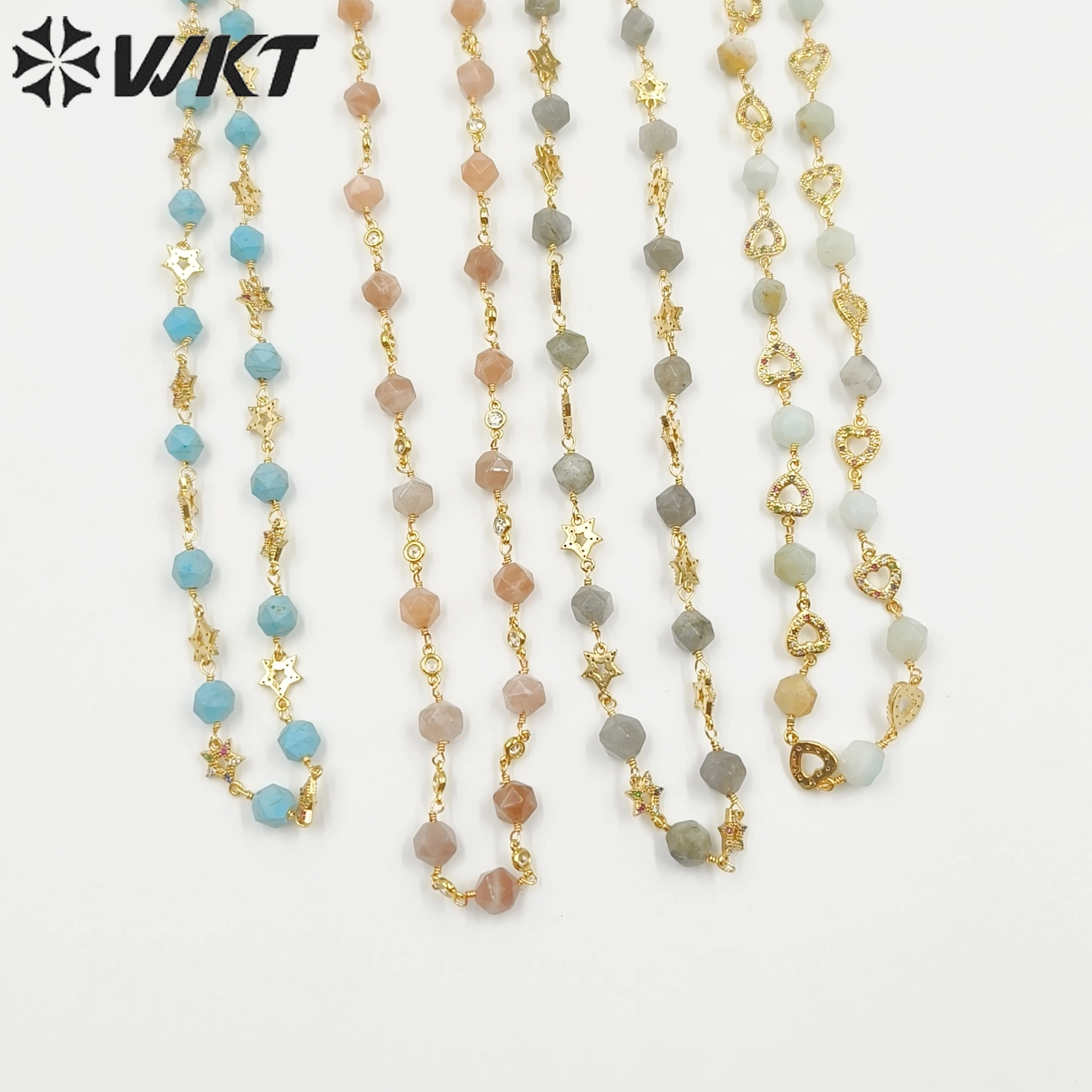 WT-N1435   WKT 2023 Hot Style Handmade Wire Wrapped Rosary Beads Chain Necklace Wedding 3 PCS Natural Stone 90Cm Long Chain