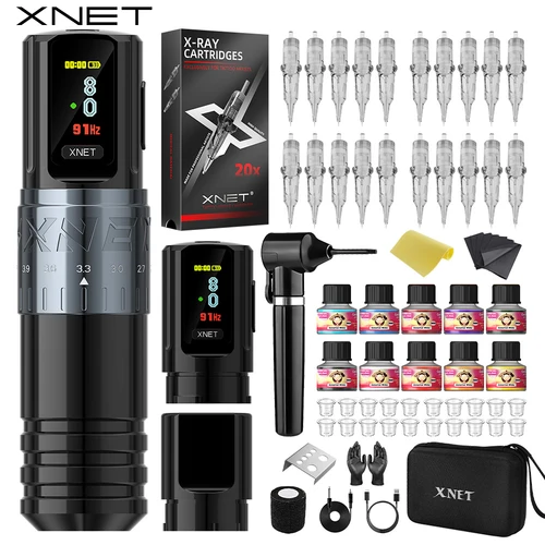 XNET Vipera Kit de máquina de tatuaje inalámbrica Carrera ajustable Pantalla OLED de 2,4-4,2 mm con agitador de tinta 10 piezas de tinta para artistas de tatuajes