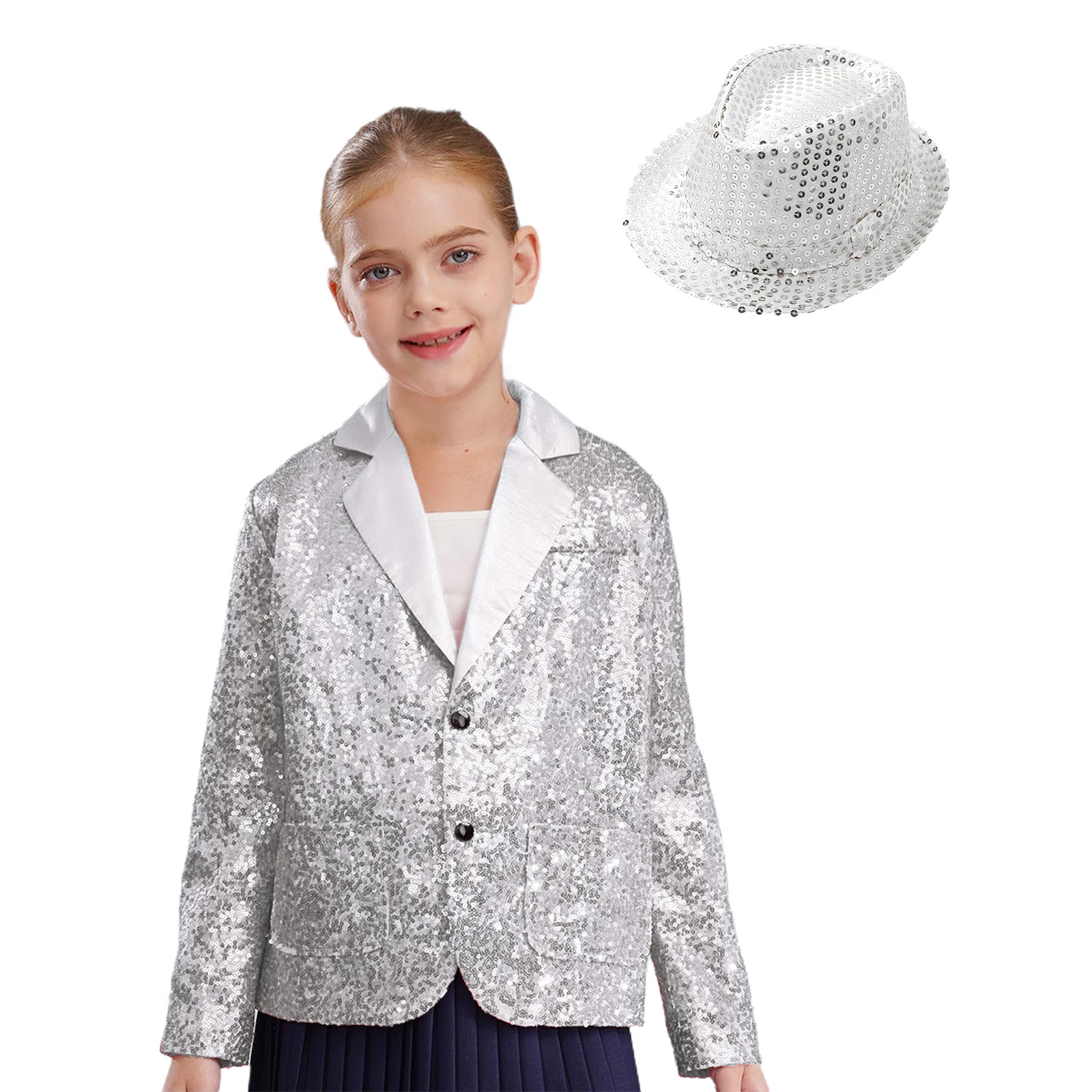 

Kids Girls Jazz Dance Top Jacket 2Pcs/Set Lapel Long Sleeve Sparkly Sequins Blazer Coat+Hat for Hip Hop Dance Stage Performance