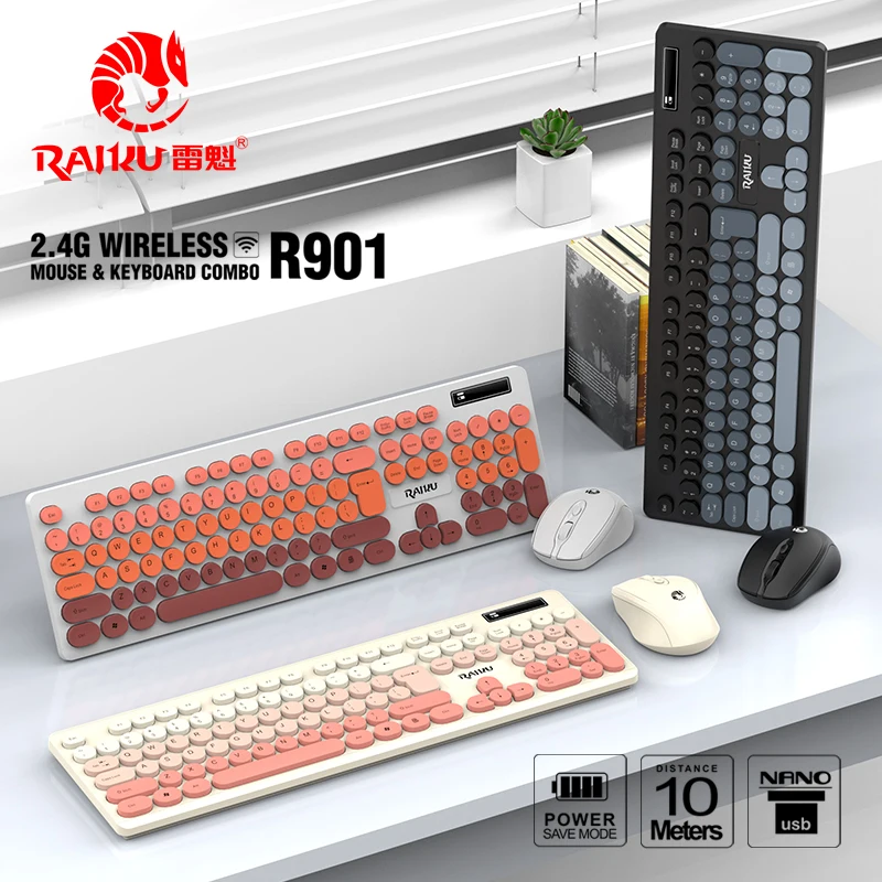 

RAIKU R901 Беспроводная клавиатура и мышь, милые колпачки для клавиш в стиле панк с градиентом, USB беспроводная деловая клавиатура, набор мышей для ноутбука, офиса