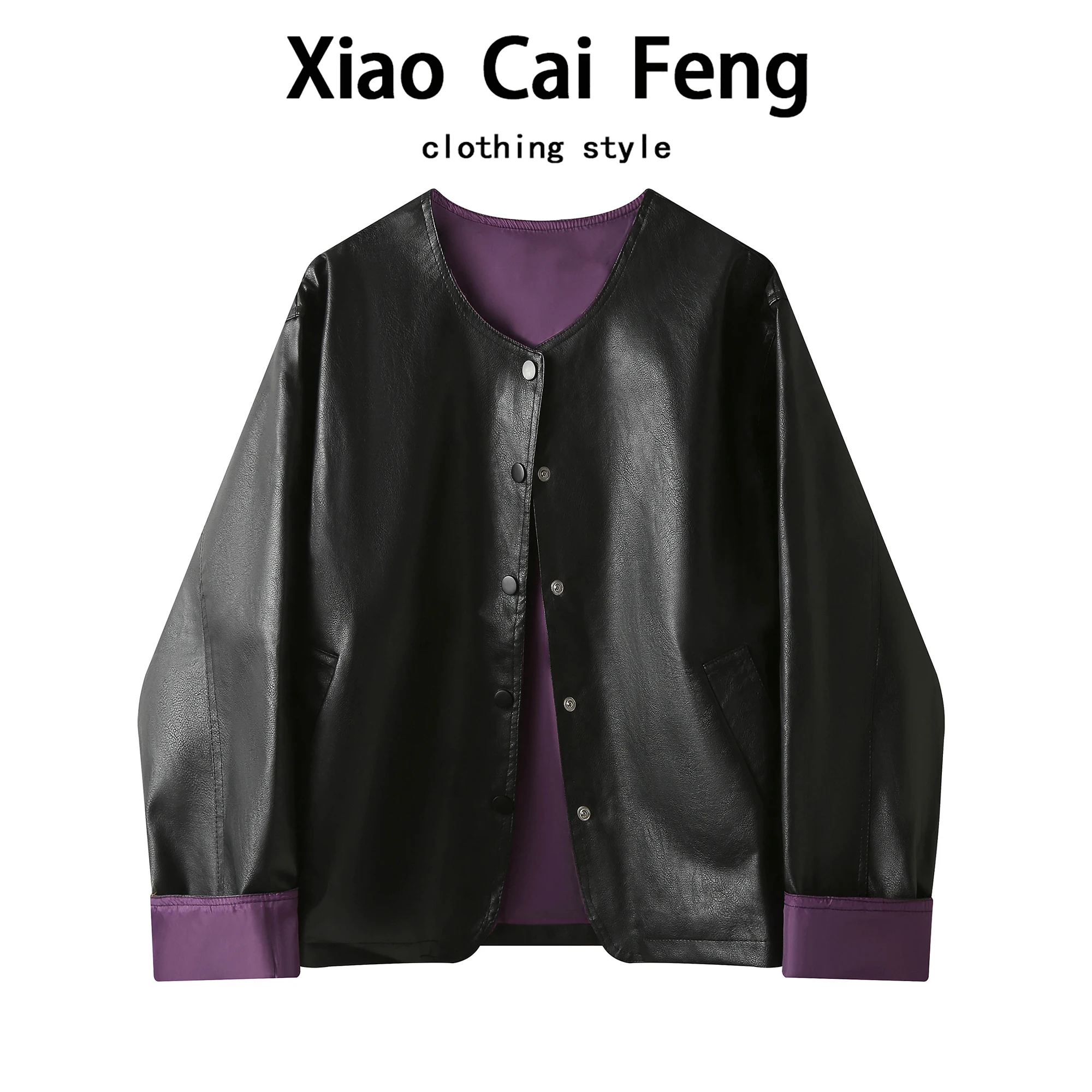 Damska kurtka retro ze skóry PU, okrągły dekolt, kolor blokowy, odzież wierzchnia, długi płaszcz jesieni, modny styl, Dr Qing a Po