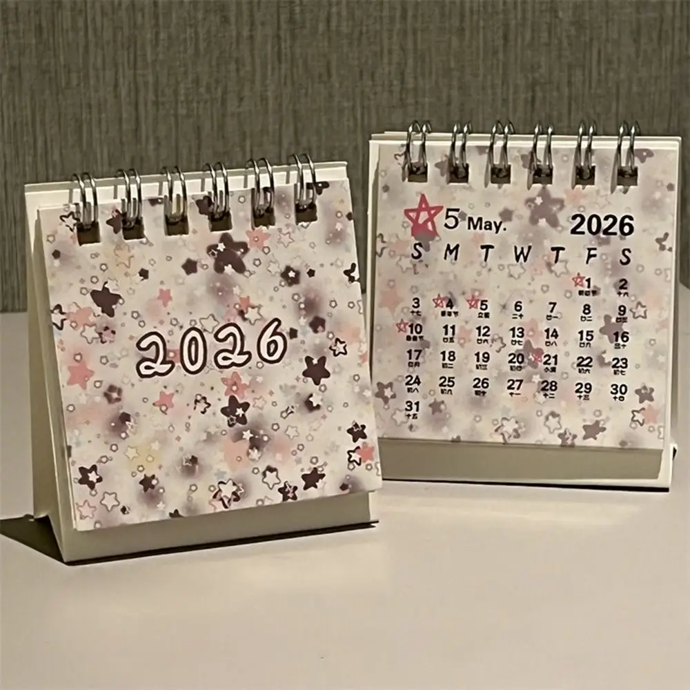 Cute Mini 2026 Desk Calendar Stars Cartoon Desktop Calendar Coil Binding Daily Planner Office School Supplies