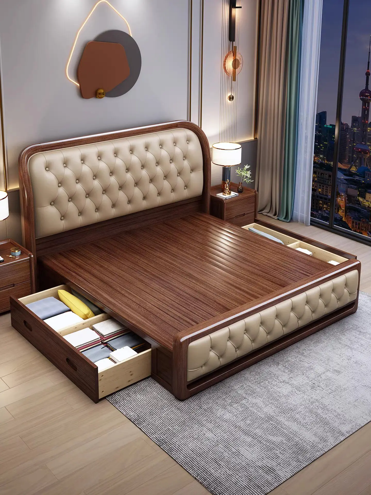 Belos new Chinese-style purple gold sandalwood solid wood bed leather soft bag 1.8M bedroom double storage  master