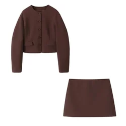 BMURHMZA Autumn New Product Women's Balloon Version Round Neck Long Sleeve Suit Coat High Waist Mini Skirt Set