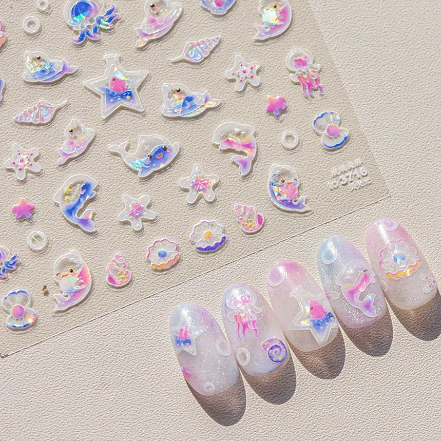 Summer Sea Glass Dolphin Starfish Dreamy Ocean Shell Jellyfish Beach Conch Star Decals Soft Relief Decorations Nail Art Stickers