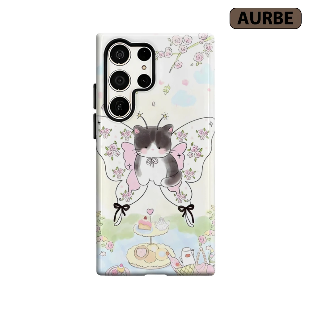 Butterfly Cat Picnic Phone Case for Samsung Galaxy S26 S25 Ultra S24 S23 Ultra Plus Shockproof Double Layer Tough Back Cover