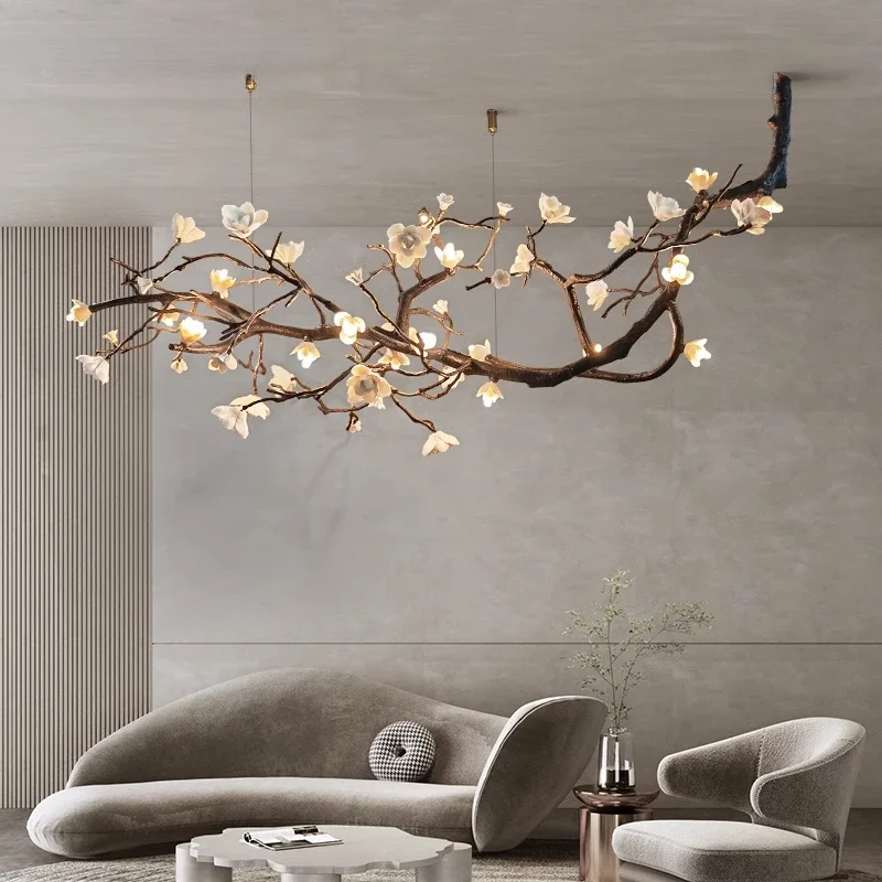 Light luxury living room full copper branches ceramic magnolia art wabi sabi wind new Chinese chandelier