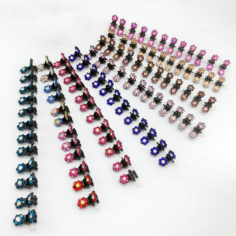 12Pcs/Lot 1*2cm Small Mini Colorful Glitter Rhinestone No-Slip Flowers Metal Hair Claws Hair Accessories For Girls Hair Clips