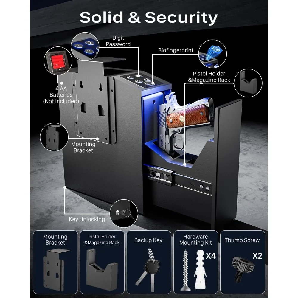 Sejf na broń, sejf na broń krótkostrzałową z biometrycznym zamkiem, pełnowymiarowy, do szafki nocnej, biurka, przy łóżku, do samochodu - automatyczny sejf na broń z przesuwanym zamkiem na pistolet -w