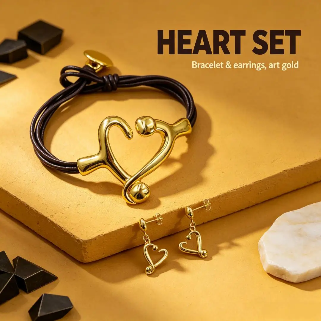 2026 Spain Sweet and Spicy Girl Wind Gold Silver Heart shaped Earrings Leather Rope Bracelet Jewelry Set Romantic Gift