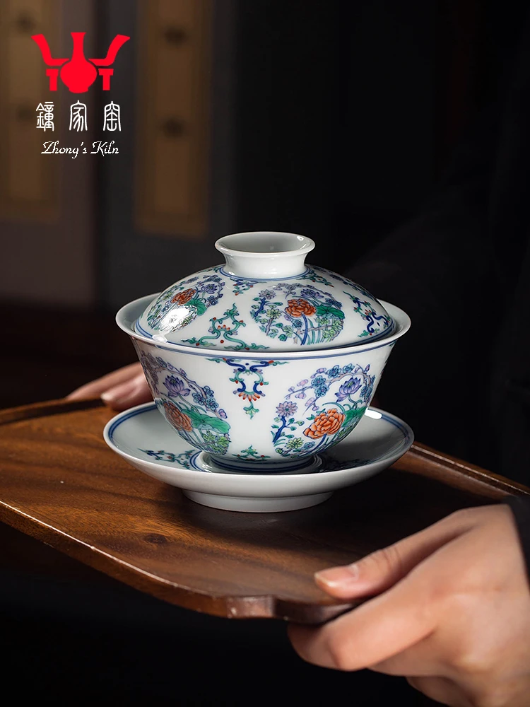 

Zhongjia Ceramic Cover Bowl Jingdezhen Blue White Doucai Chai Kiln Hand-painted Four Seasons Tuanhua Sancai Tea Cup And