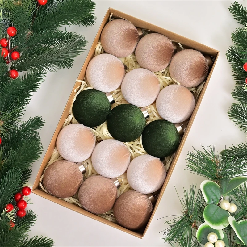 

15pcs Velvet Christmas Tree Ornaments 6cm Matte Baubles In Neutral Green Beige Champagne Nordic Holiday Home Decor