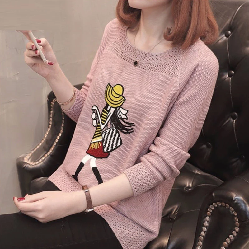 Spring Autumn Women Korean Fashion Cartoon Embroidery Hollow Knitted Sweater Female Casual O Neck Long Sleeve Slim Pullover Tops