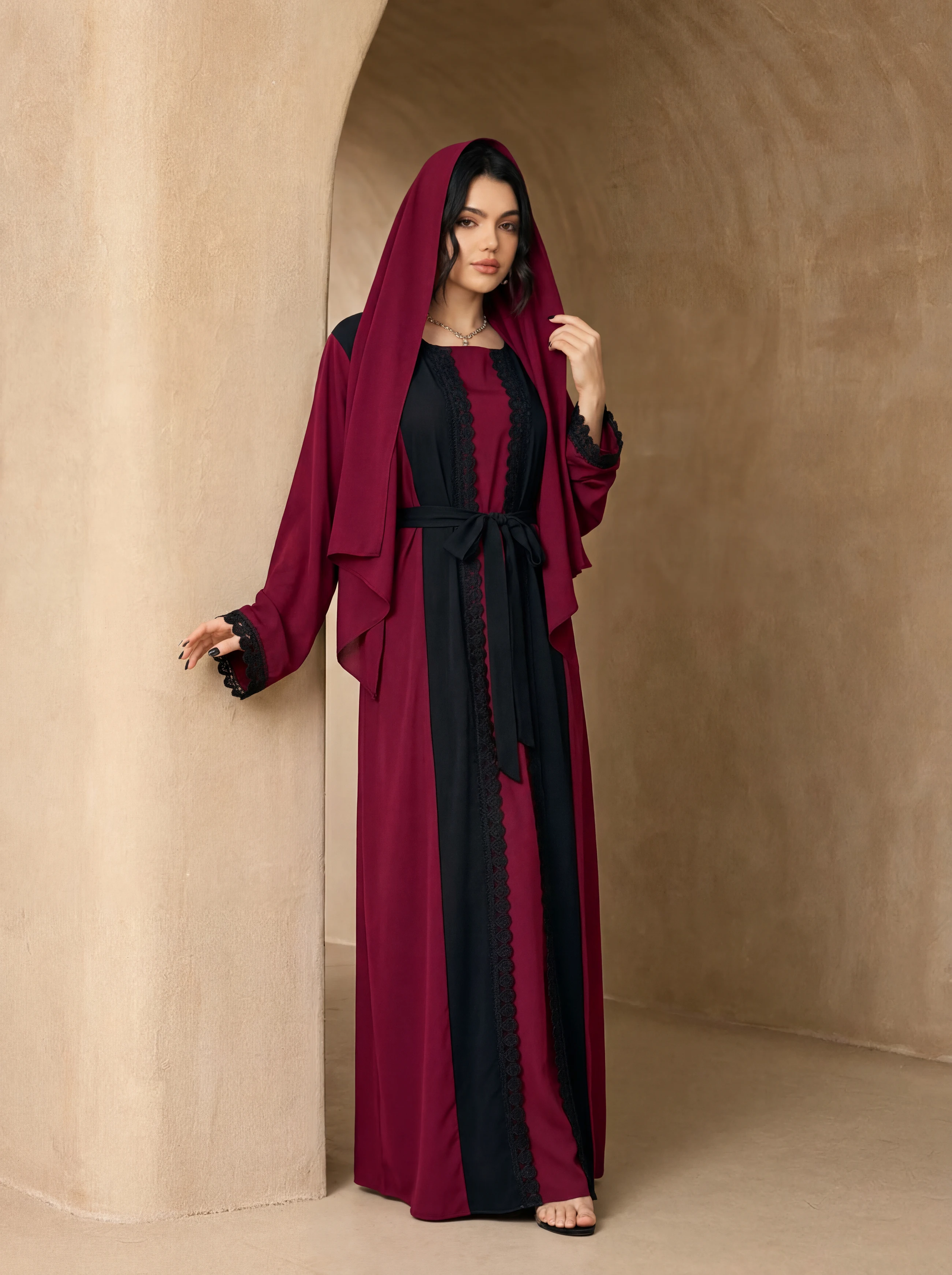 Black Lace Panel Open Abaya 3p - Abaya Modest Wear 评论和价格