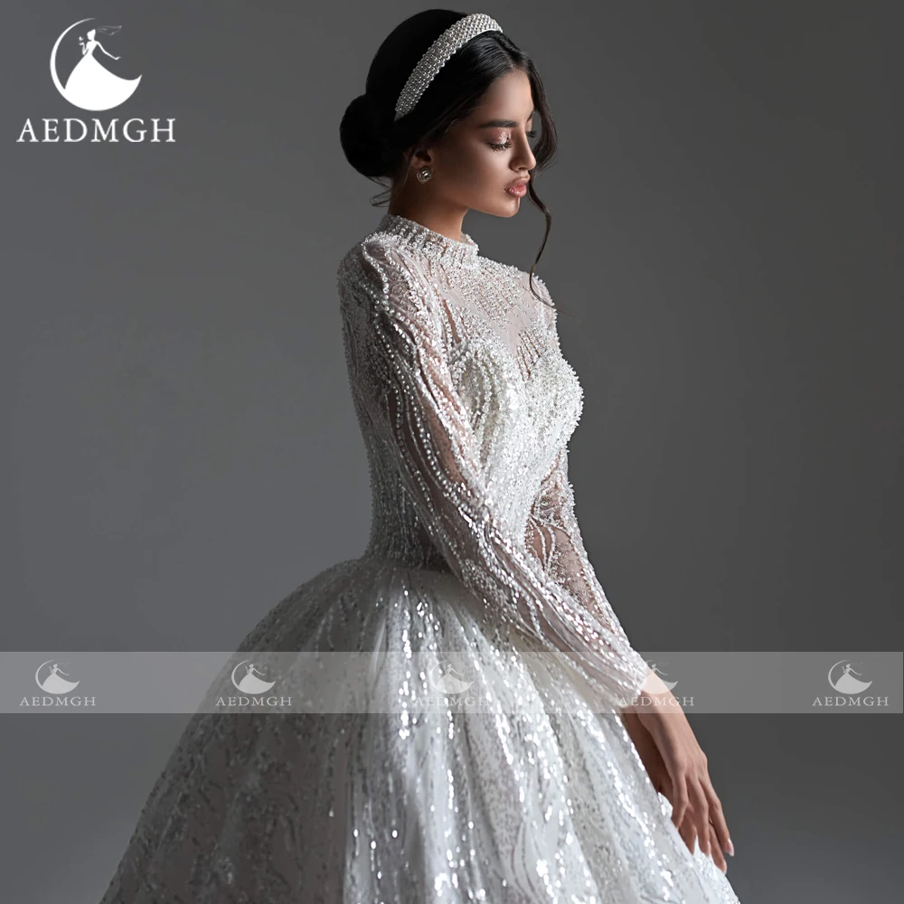 Aedmgh Ball Gown Gorgeous Wedding Dresses High Neck Long Sleeve Vestido De Novia Lace Sequined Shiny Custom Made Bridal Gown