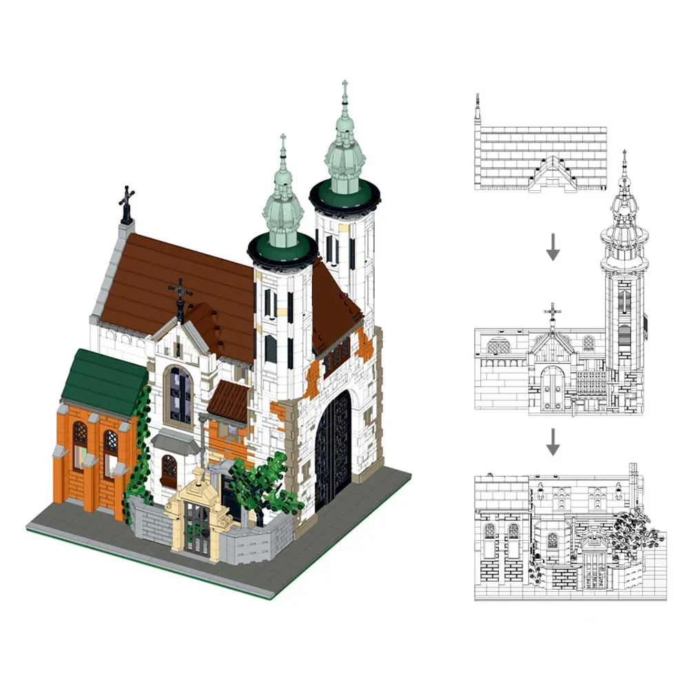 MOC-124447 Model Kościoła Andrzeja z Bloczków, Modularny Średniowieczny Kościół Andrzeja, Architektura, Widok Ulicy, Klocki, Zabawki DIY, Prezenty