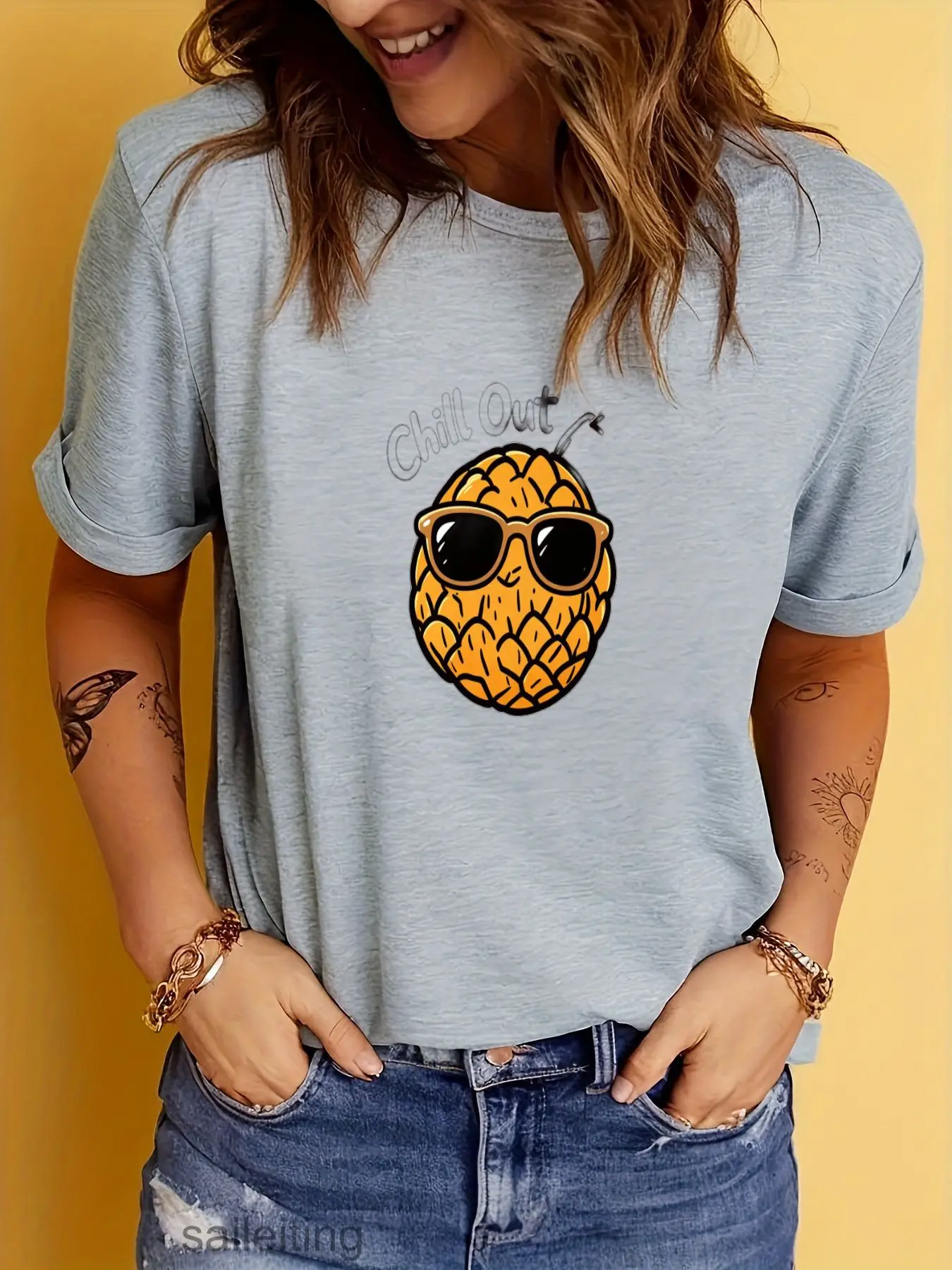 Chill Out Orange Fruit Sunglasses T-Shirt - Funny Cartoon Pineapple Graphic Tee, Casual Short Sleeve Summer Breathable Top fo