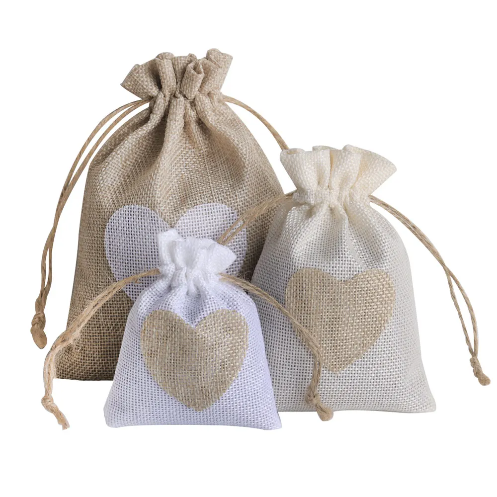 10pcs/lot Heart Linen Jewelry Bag Drawstring Pouch Decoration Pocket For Jewelry Packaging Christmas Wedding Gift Bag