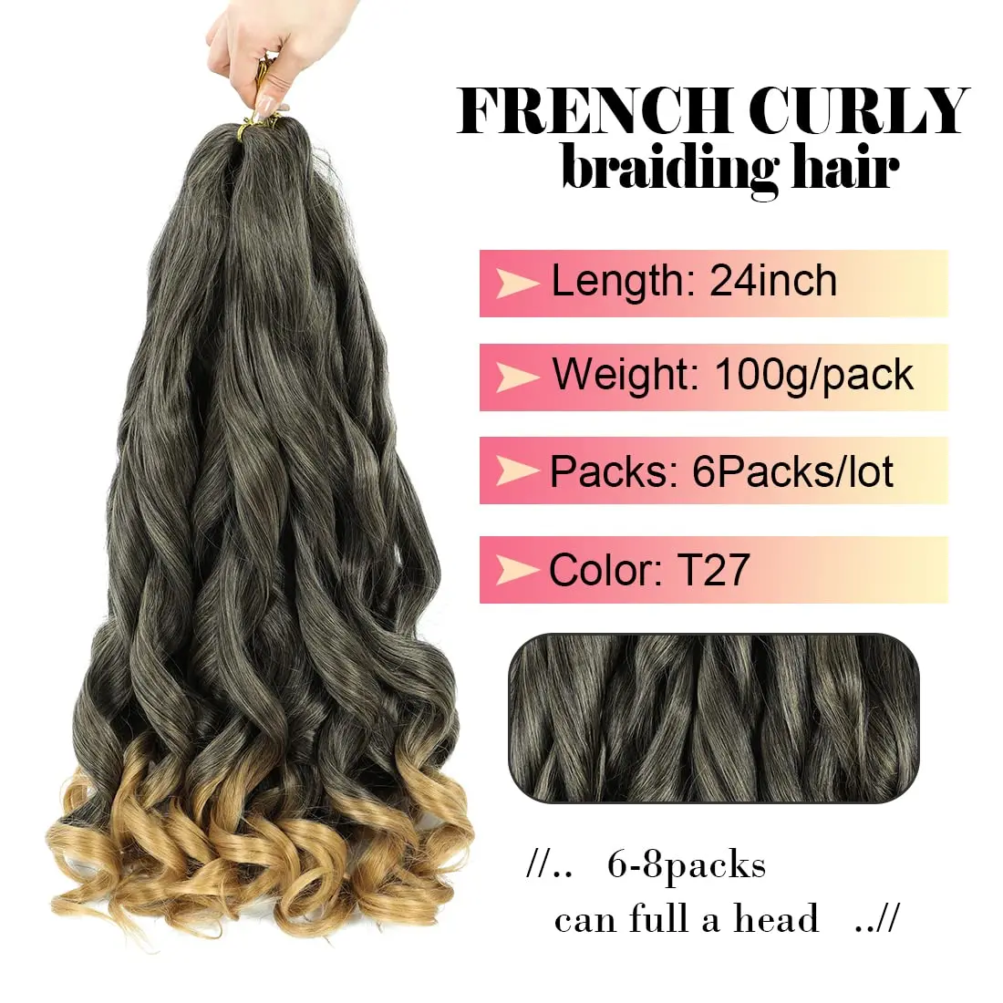 French Curl rambut kepang 24 inci rambut kepang goyang, 6 pak rambut keriting Perancis ekstensi rambut sintetis rambut kepang keriting Prancis