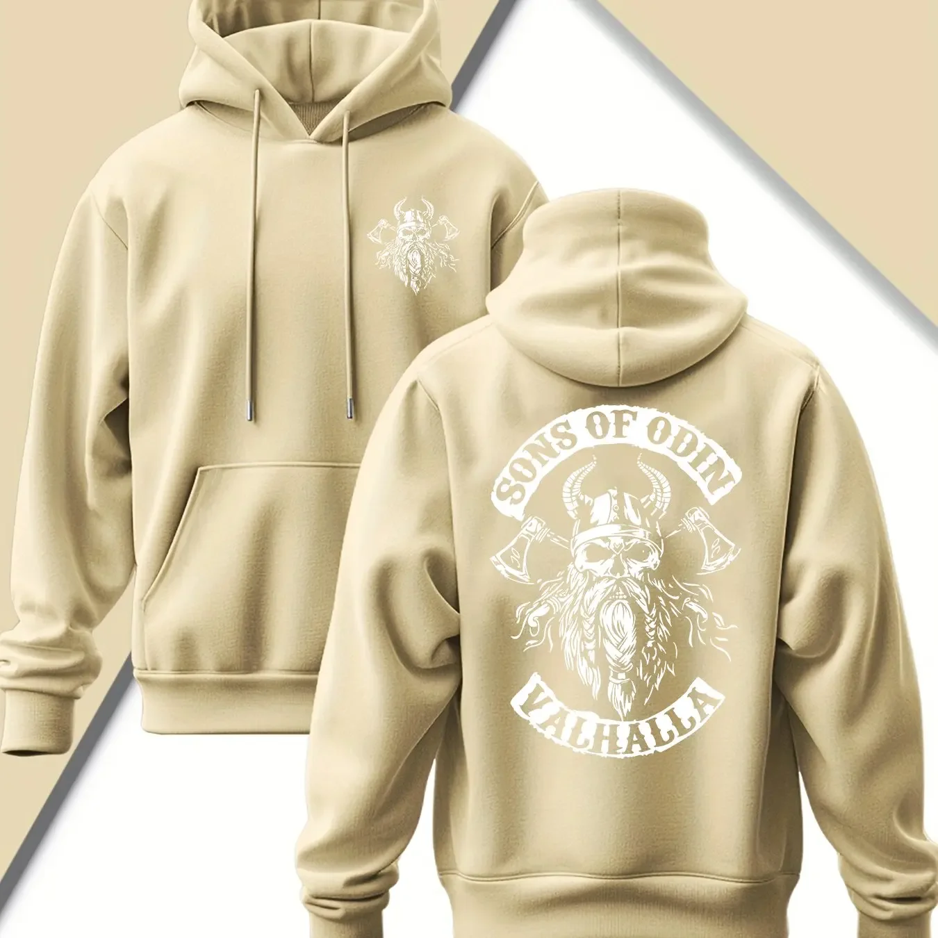 Men Sons Of Odin Valhalla Viking Skull Axe Dual‑Print Hoodie Chest Small Logo Back Norse Graphic Casual Pullover Sweatshirt