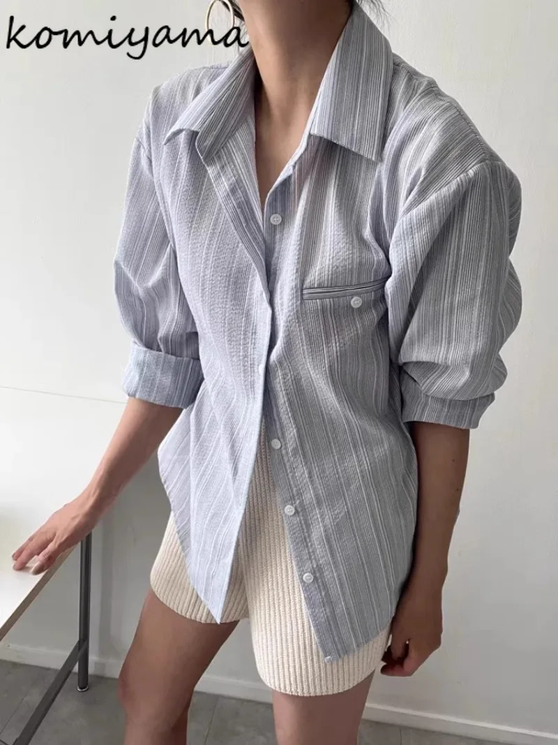 Korean Chic Stripe Shirts & Blouses Laple Neck Blusas Single Breasted Ropa Mujer Long Sleeve Woman 2024 Camisas Loose Blusa