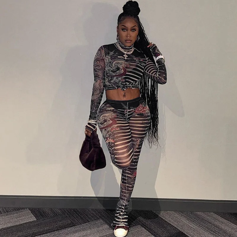 Sexy Mesh See Through Birthday Outfits Women Two Piece Set Y2K Print Long Sleeve Top and Flare Pants Night Club Matching Sets