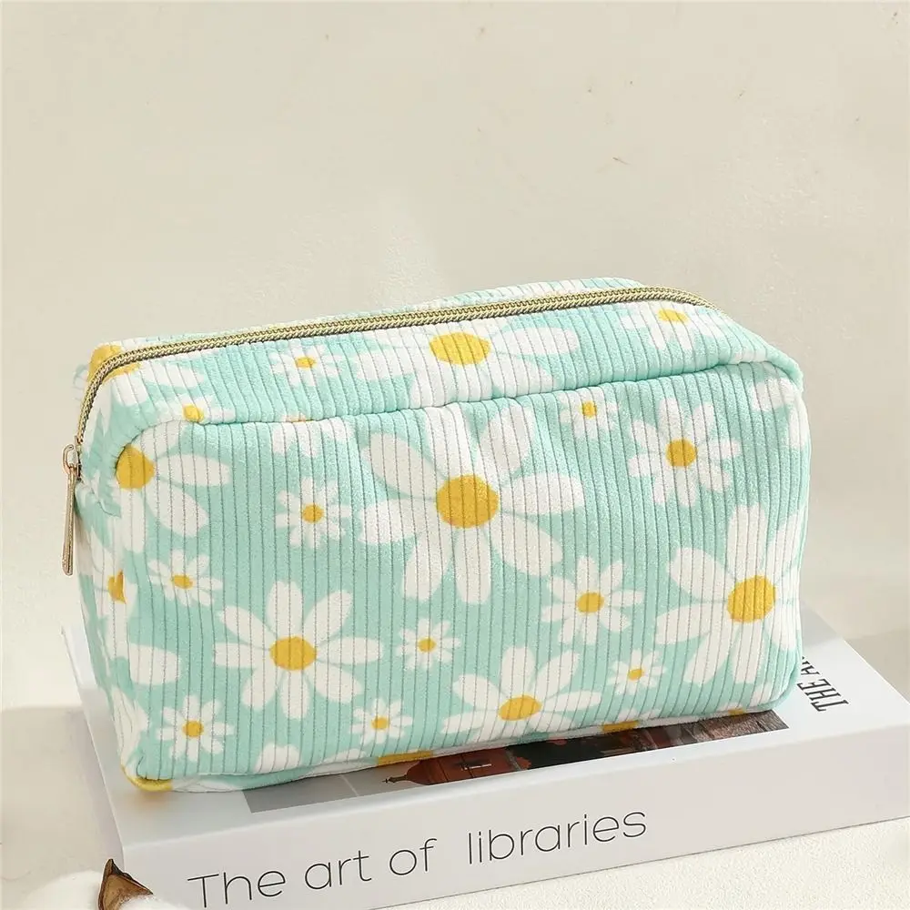 Trendy Large Capacity Corduroy Makeup Bag Makeup Brush Skincare Travel Toiletry Organizer Bag Printed Zipper Pouch for Women