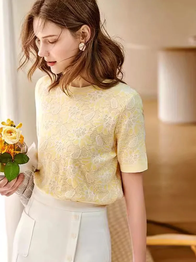 

Ele Korean Sle ort Sve Knitted Sweater round Ne Hollow out Design Summer 2025 Faionable Cardigan Top for Women