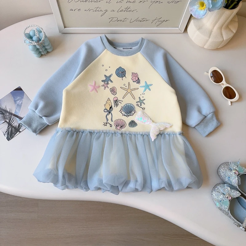 

2026 Spring New Hot Selling Round Neck Raglan Sleeve Cute Pattern Splicing Mesh Skirt Dress