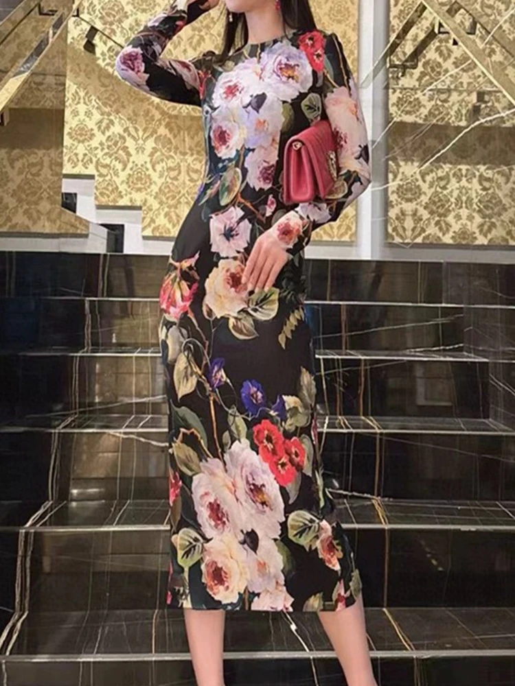 

French elegant spring new print round neck long sleeve long dress holiday style slim fashion Joker straight skirt.