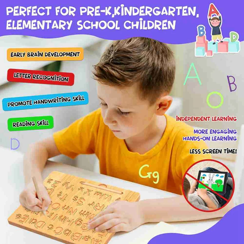 

Wooden Letters Practicing Board, Double-Sided Alphabet Tracing Tool Learning To Write Educational Game Fine Motor Skill Durable