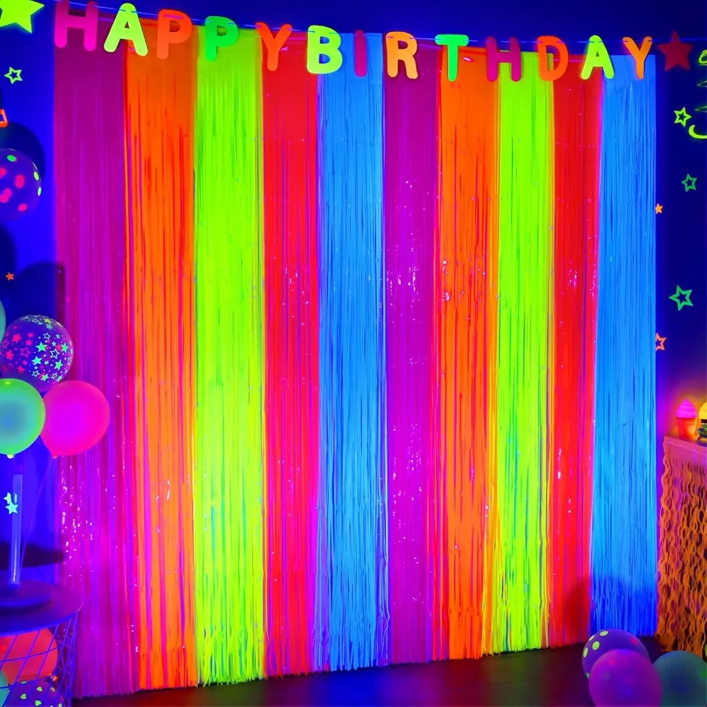 

Glow in The Dark Party Supplies, 2 Pack Neon Party Decorations 3.3 x 6.6 ft Fluorescent Macaron Colorful Tinsel Foil Frin