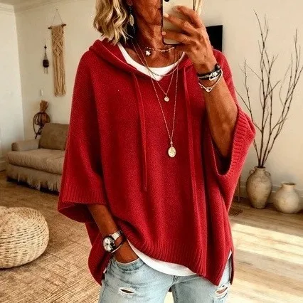 Women's Oversized Medium Weight Knit Hoodie with Batwing Three Quarter Sleeves Solid Color Distressed Neck Casual Basic Loose