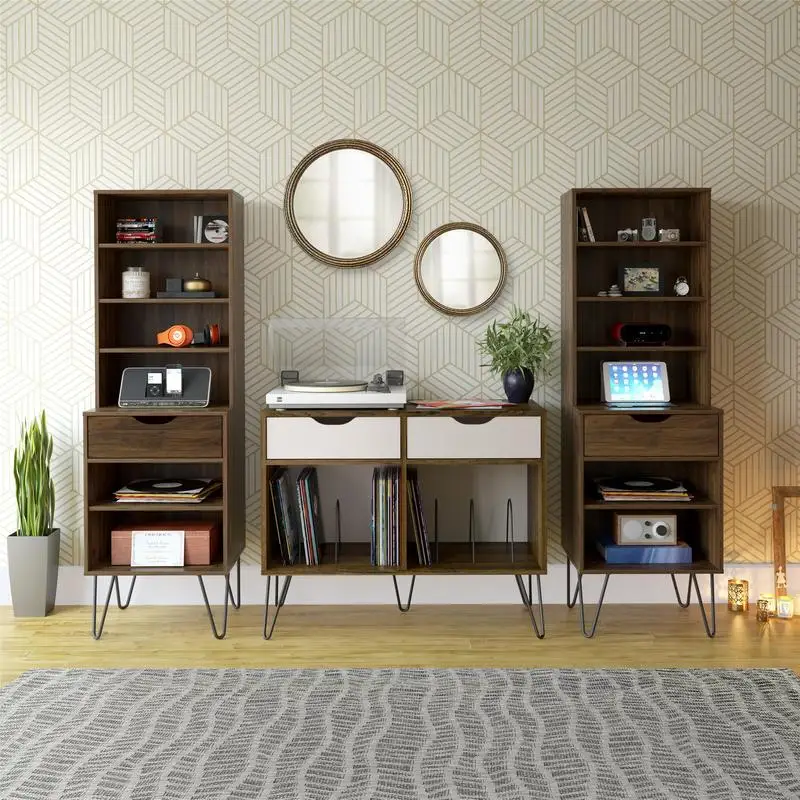 서랍이 있는 콘코드 턴테이블 스탠드는 비닐 레코드 및 액세서리를 위한 수납 서랍이 있는 나무 턴테이블 스탠드가 됩니다.