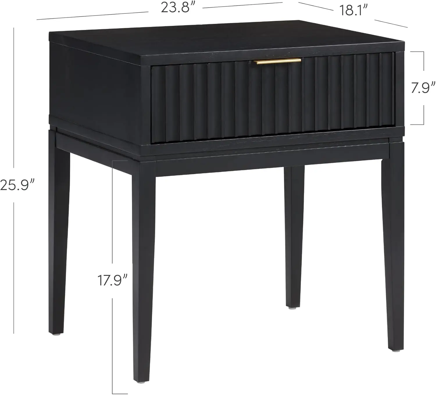 Modern Nightstand Side Table with Storage and Fluted Drawer Door Black Set of 2 deep drawer pine finish and tapered legs