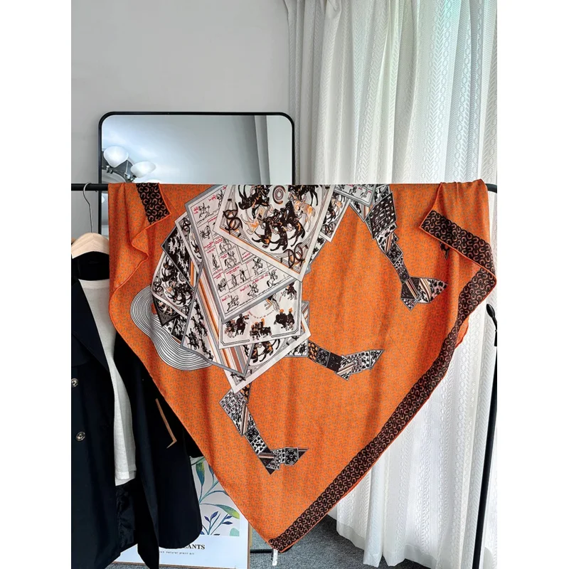 Classic Horse Cashmere Wool Silk Scarf 140 Designer Square Herm Large Foulard Pashmina Shawls for Women Cape Hijabs Gift Orange