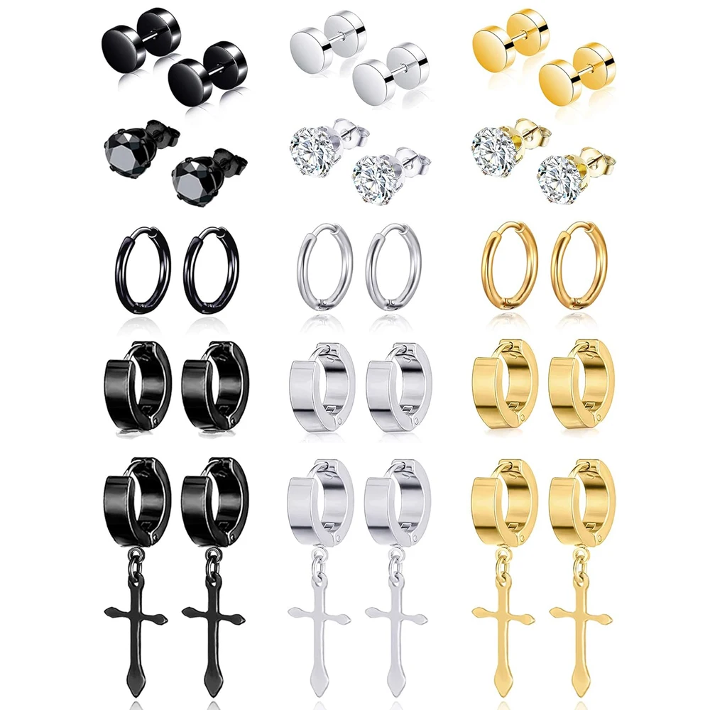 

15 Pairs Stainless Steel Cross Dangle Hinged Hoop Huggie Earrings CZ Stud Earrings Set for Men Women Ear Piercing Jewelry